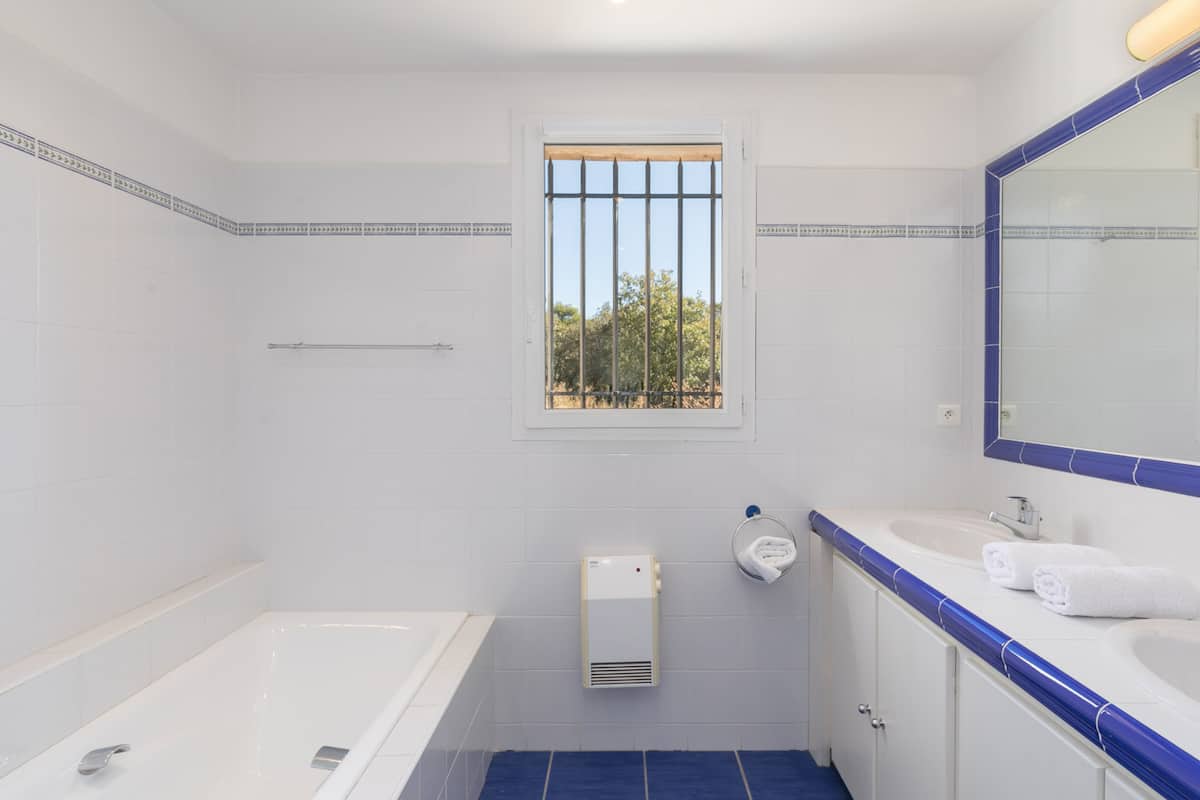 Salle de bain avec baignoire bleue